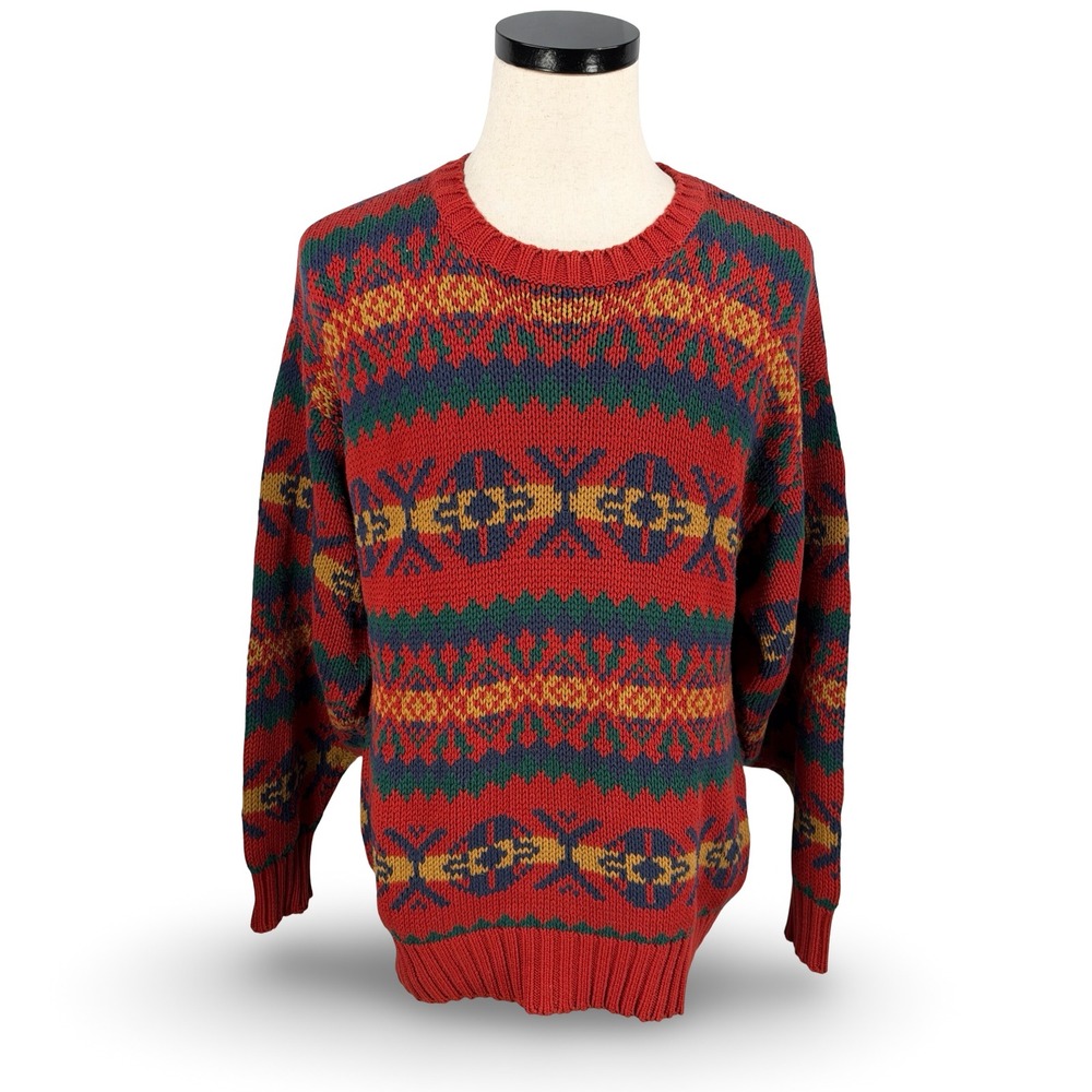 Vintage GAP Mens Red Fair Isle Cotton Chunky Knit Crew Neck Sweater Size M